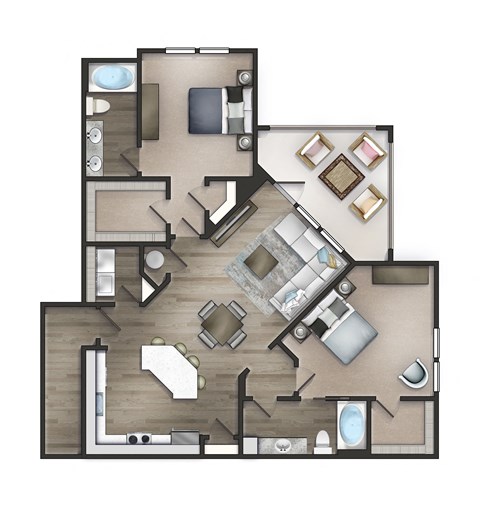 Floor plan for 2 beds, 2 baths, 1164 sqft